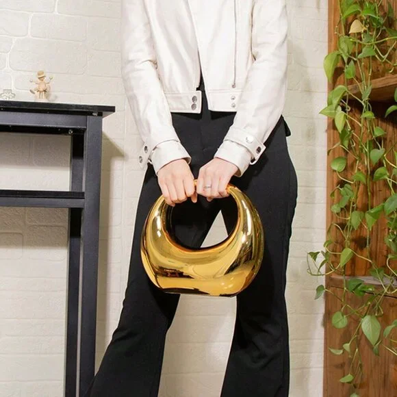 Gold Glamorous Women's Metal Color Evening Bag With Circular & Crescent Patterns - Picture 2 of 7